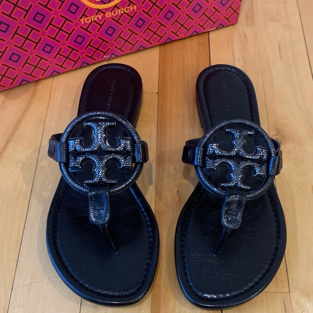 NIB - Tory Burch Miller Pave Embellished Leather Sandals Black Size 8
